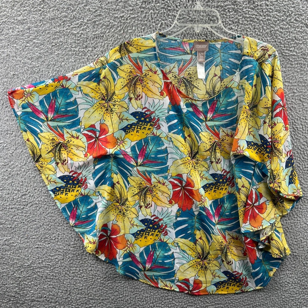 Chicos Womens Tropical Blouse S/M Floral Kimono Sleeve Resort Vacation Travel